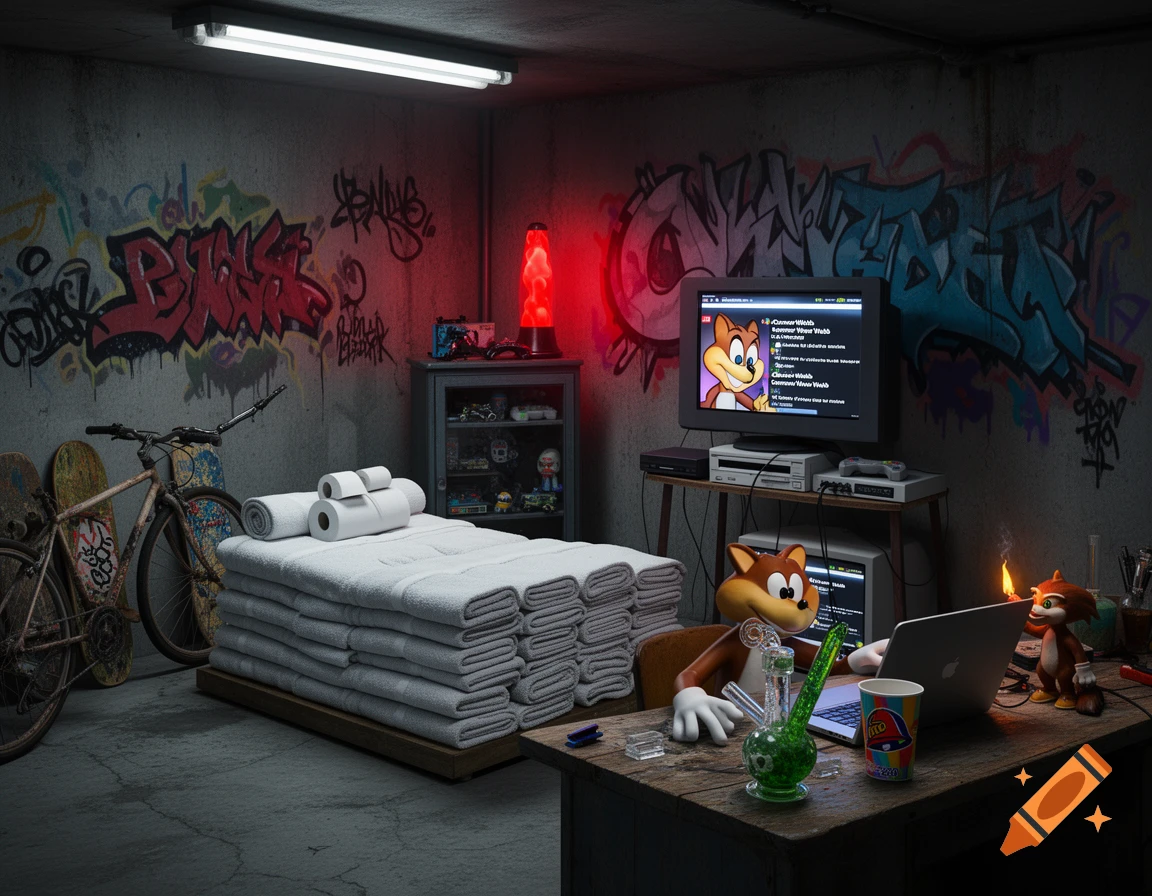 A cartoon fox character sits at a desk in a dingy basement room with graffiti-covered concrete walls. On the desk are a laptop, a green bong, a Taco Bell cup, and a Conker figurine. In the background is a bed of towels, a bike, skateboards, a TV displaying a cartoon, and a red lava lamp.