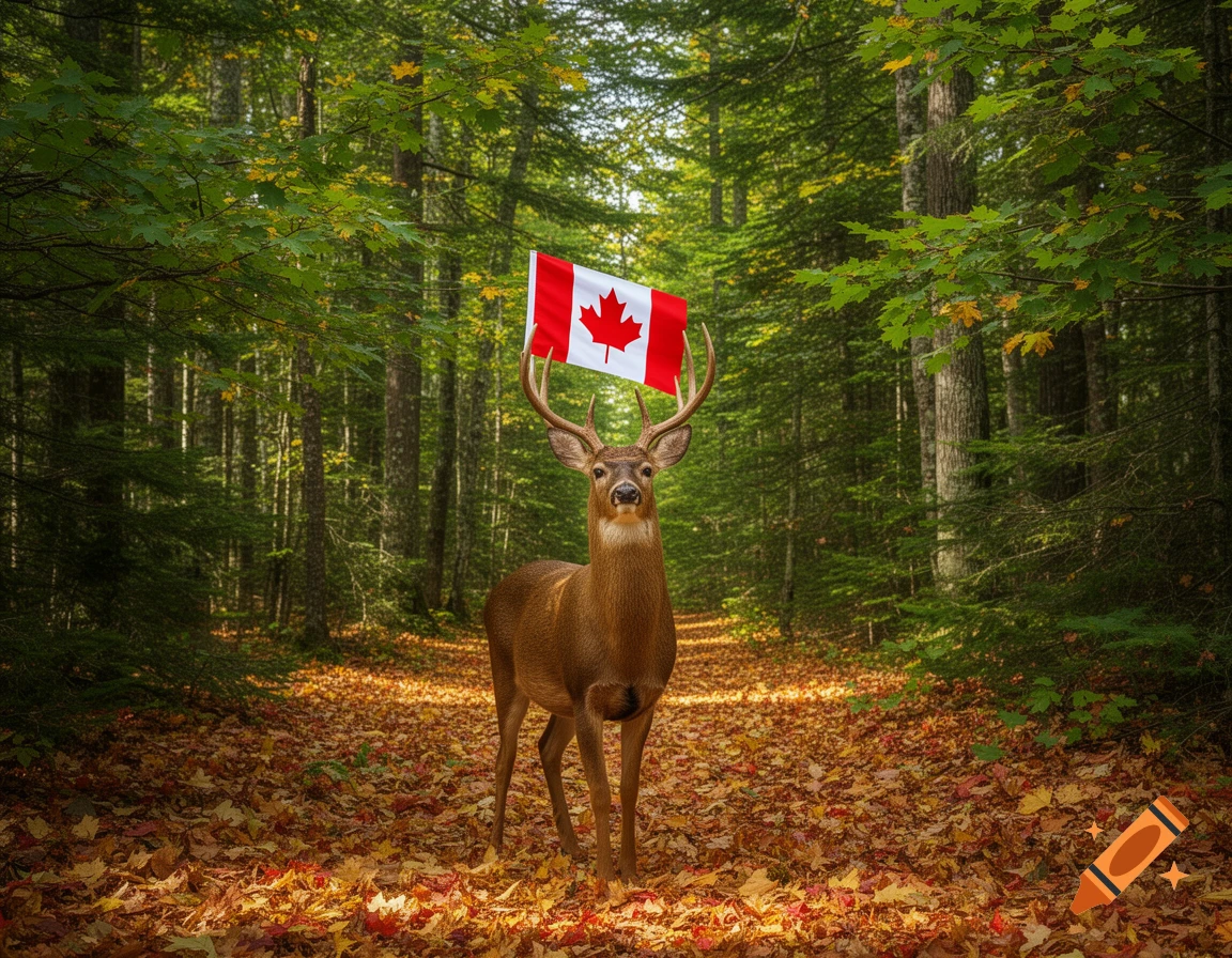 A majestic deer with a Canadian flag growing from its antlers stands in an autumn forest path filled with fallen leaves.