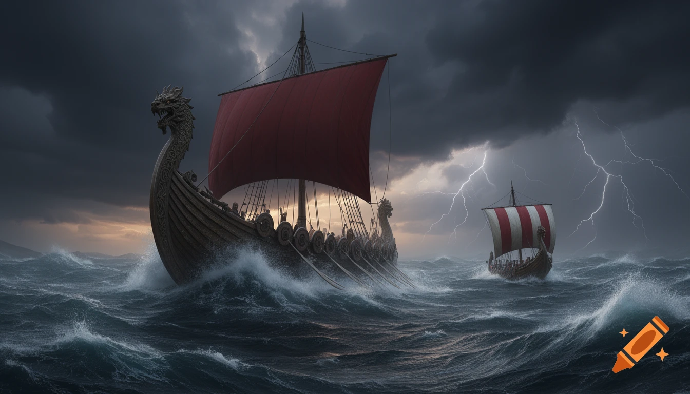 Two Viking longships, one large with red sails and a smaller one, battle a tempestuous, lightning-filled sea under dark skies.