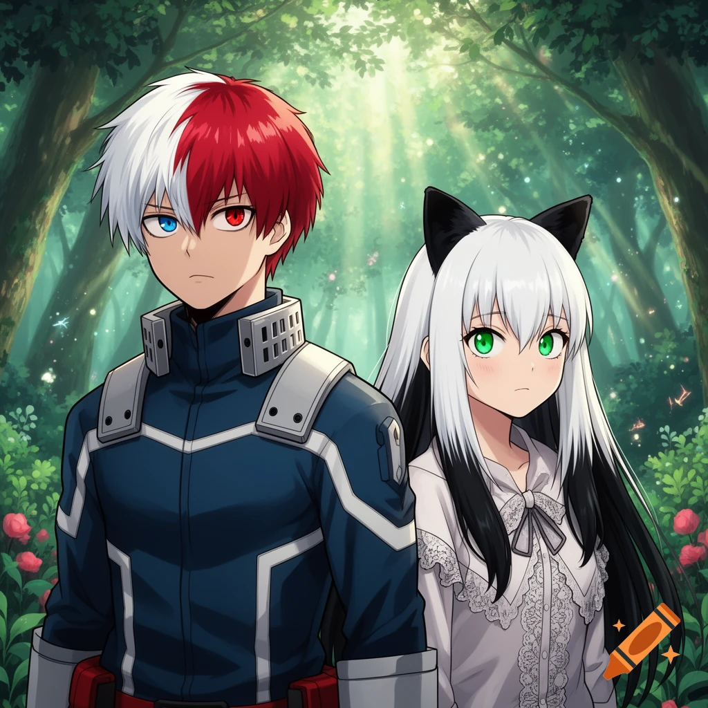 Anime art of Shoto Todoroki and a girl with white hair, black tips, green eyes, and black cat ears, standing in a sunny forest.
