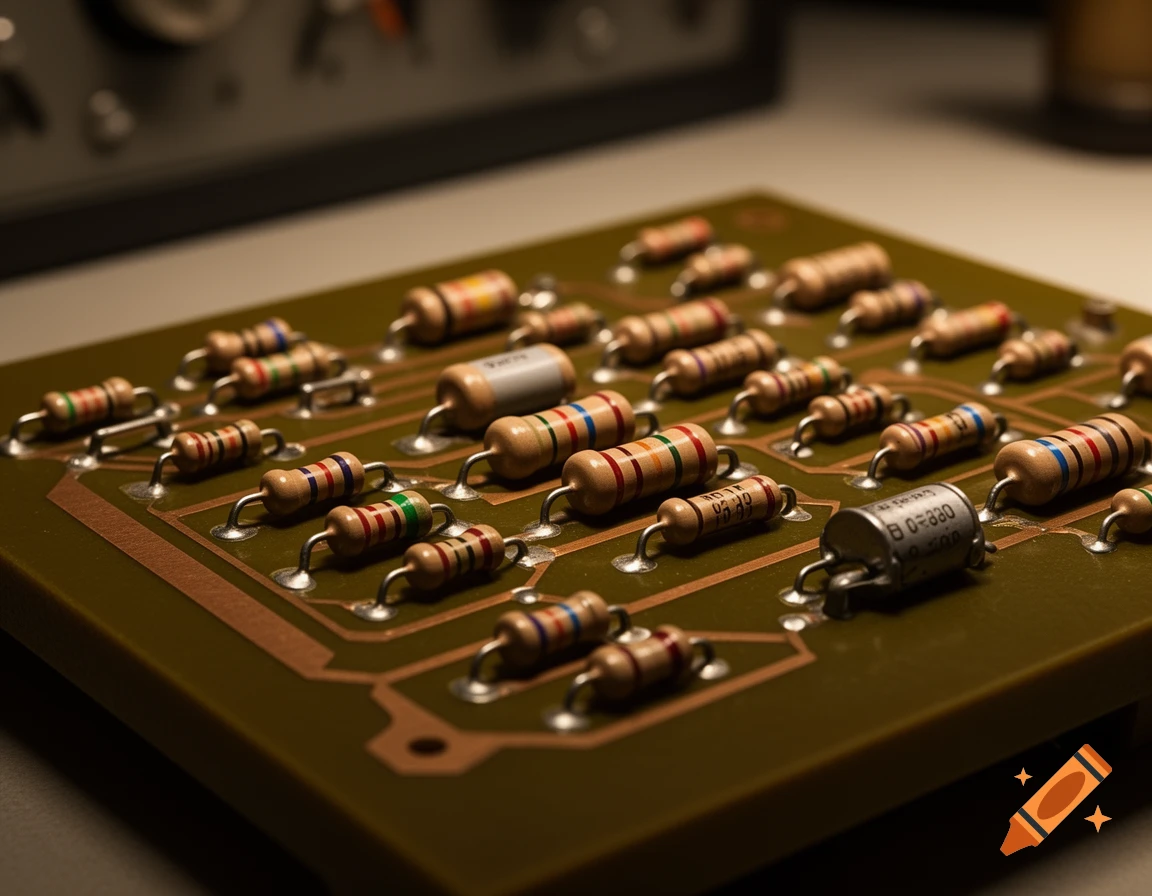 A close-up, photorealistic image of a vintage printed circuit board (PCB) with numerous large resistors and a few capacitors.