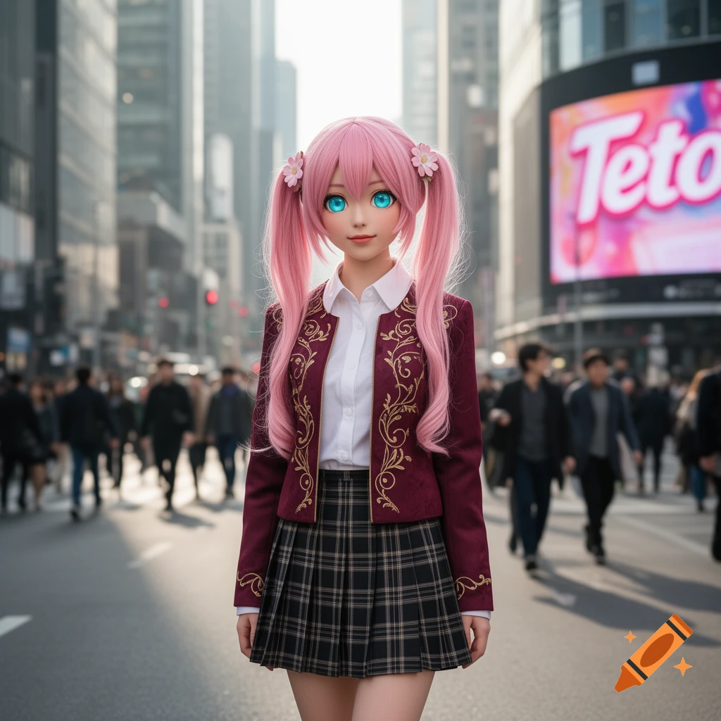 Anime girl with pink pigtails and blue eyes in a school uniform, standing on a busy city street.
