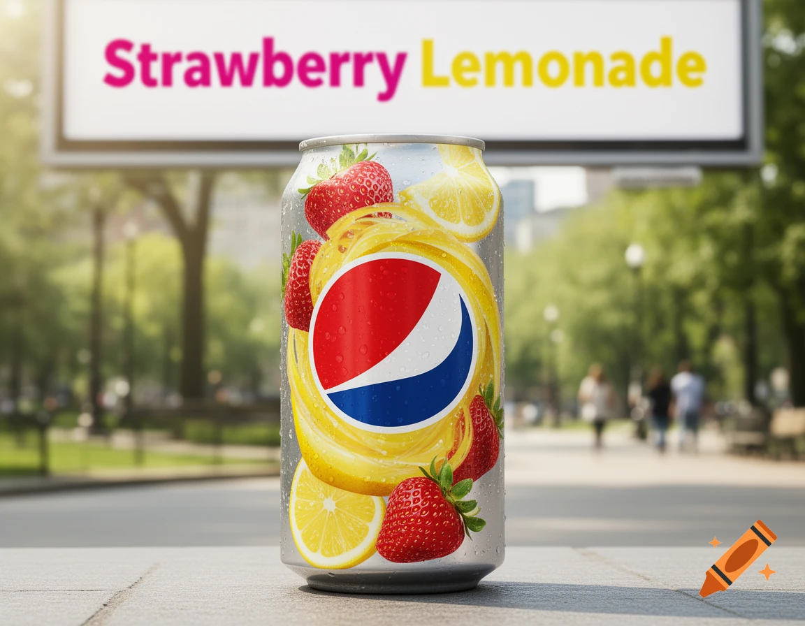 Close-up of a condensation-covered Pepsi can with strawberry and lemon slices, under a billboard reading 'Strawberry Lemonade' in a park.