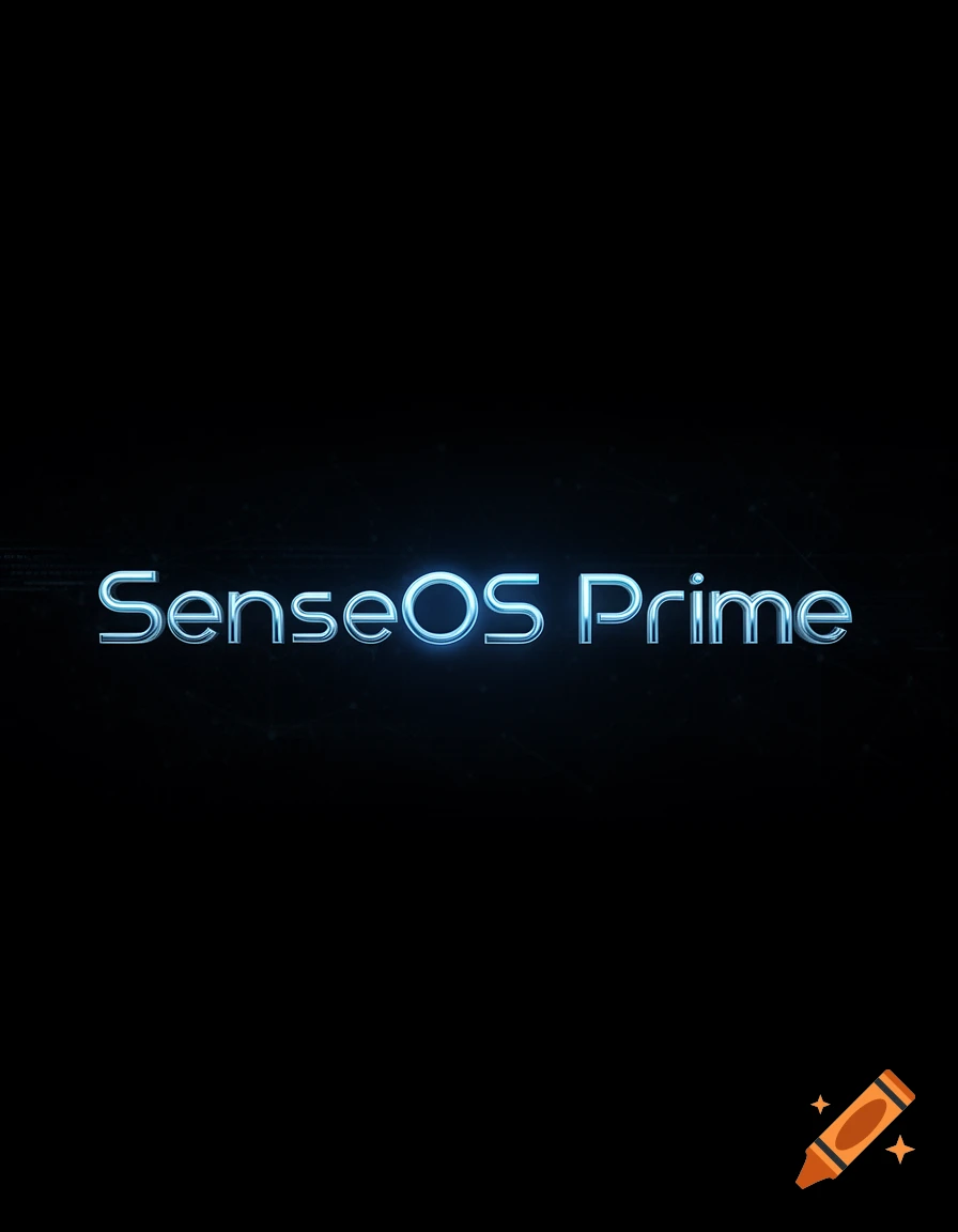 The text 'SenseOS Prime' in glowing blue letters with a metallic sheen on a black background.