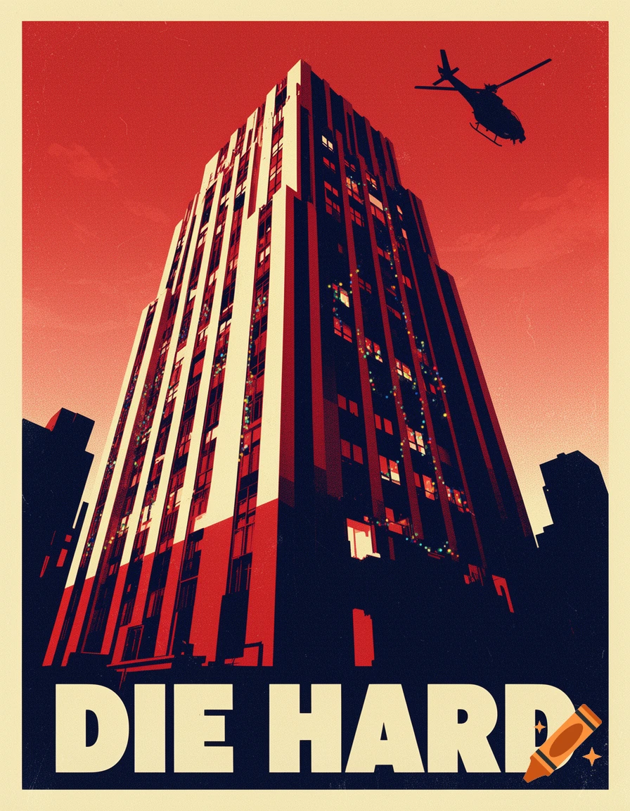 Retro screen-print poster of a tall skyscraper, Nakatomi Plaza, with Christmas lights, a helicopter, and the text 'DIE HARD'.