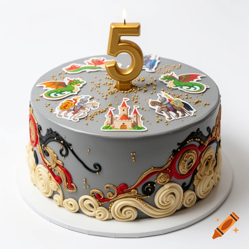 A gray birthday cake with a golden "5" candle, gold, red, and black scrollwork, golden sprinkles, and child-friendly cutouts of dragons, knights, and a castle.