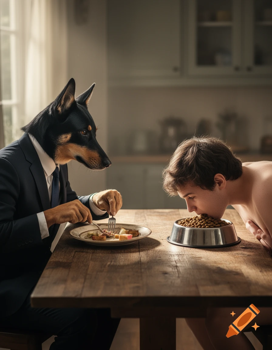 Photorealistic image of an anthropomorphic dog in a suit eating at a table while a topless man eats kibble from a dog bowl.