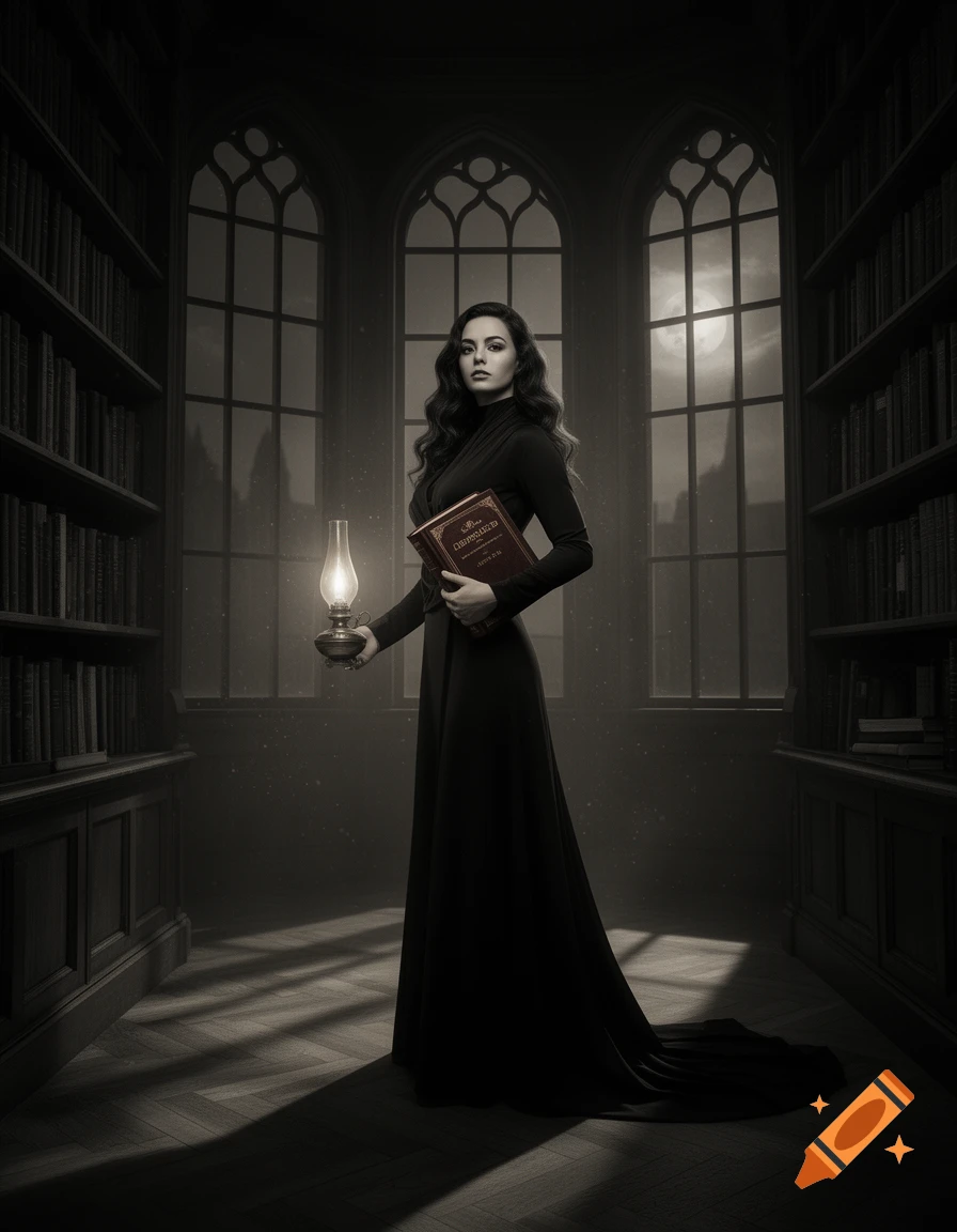 A woman in a long black dress stands in a dimly lit gothic library, holding a book and an oil lamp, under moonlight through arched windows in a noir style.
