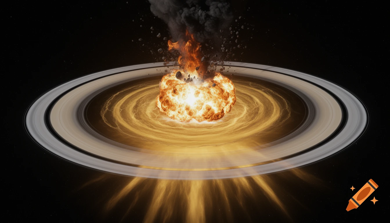 Hyper-realistic illustration of a massive fiery explosion and shockwave on a ringed planet, with smoke and debris erupting into space.