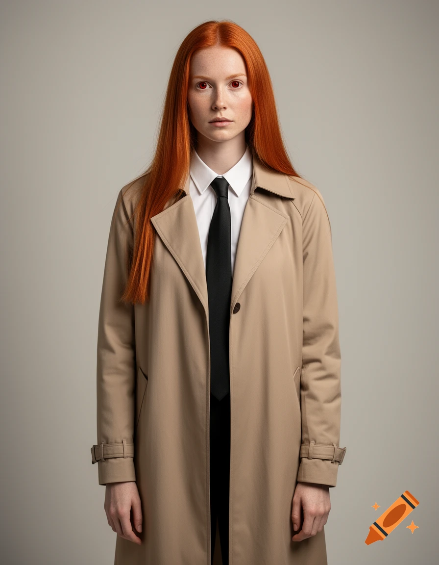 Photorealistic portrait of a woman with long red hair and red eyes, wearing a white shirt, black tie, and beige trench coat against a plain background.