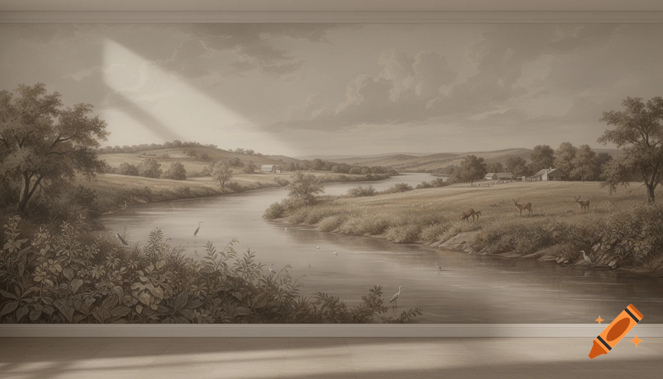 A sepia-toned mural depicting a winding river through a rural landscape with rolling hills, trees, deer, and birds.