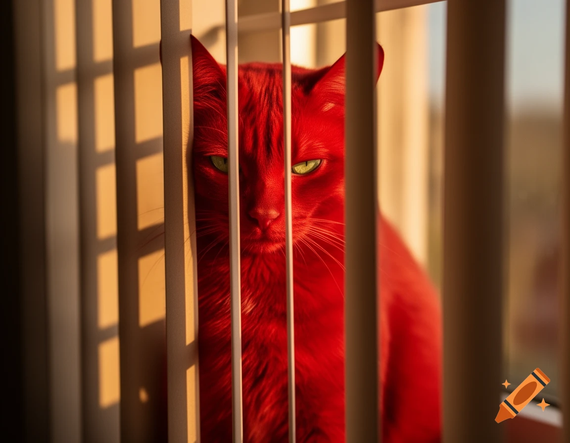 A striking red cat with glowing green eyes peeks through venetian blinds, bathed in warm sunlight.