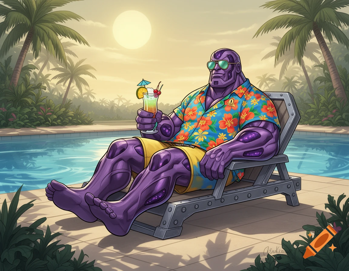 Cartoon Galactus in a Hawaiian shirt and shorts, lounging by a pool with a cocktail at sunset.