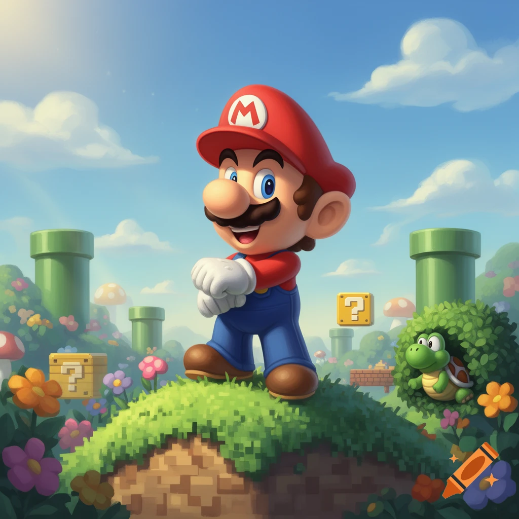 Mario stands on a pixelated hill in a colorful Super Mario Bros. landscape with pipes, question blocks, and a small turtle.