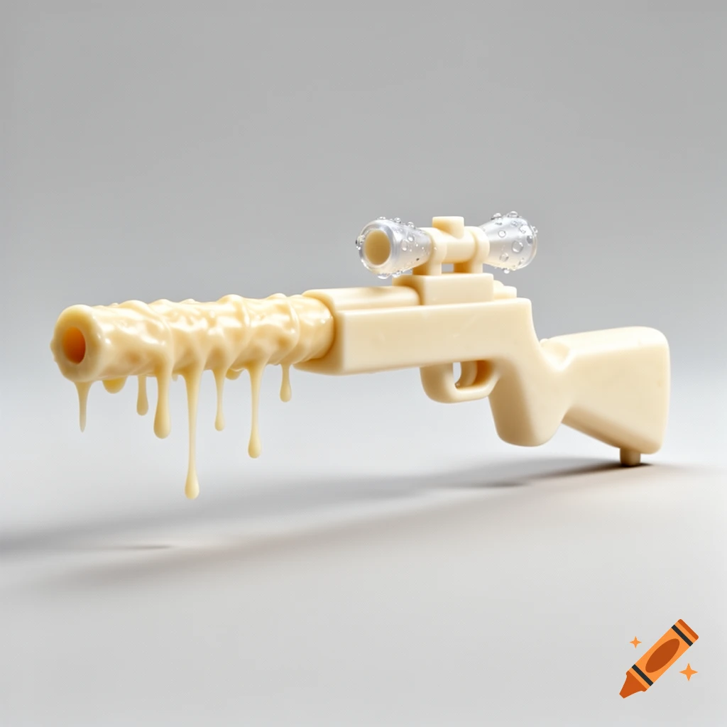 A beige toy-like sniper rifle made from string cheese, with melted cheese dripping from the barrel and clear droplets on the scope.