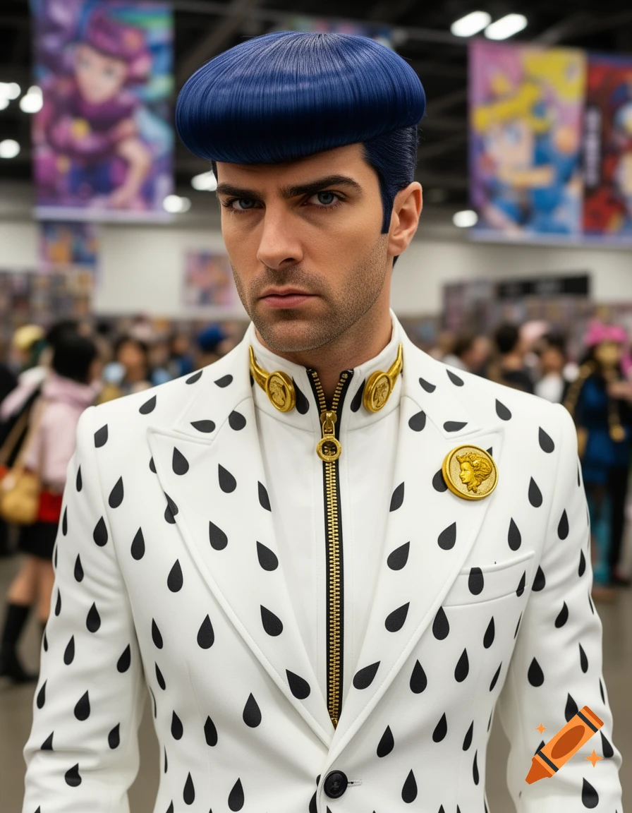 A man resembling Zachary Quinto cosplays Bruno Bucciarati, wearing a blue bowl cut and a white suit with black teardrop patterns, in a convention hall.