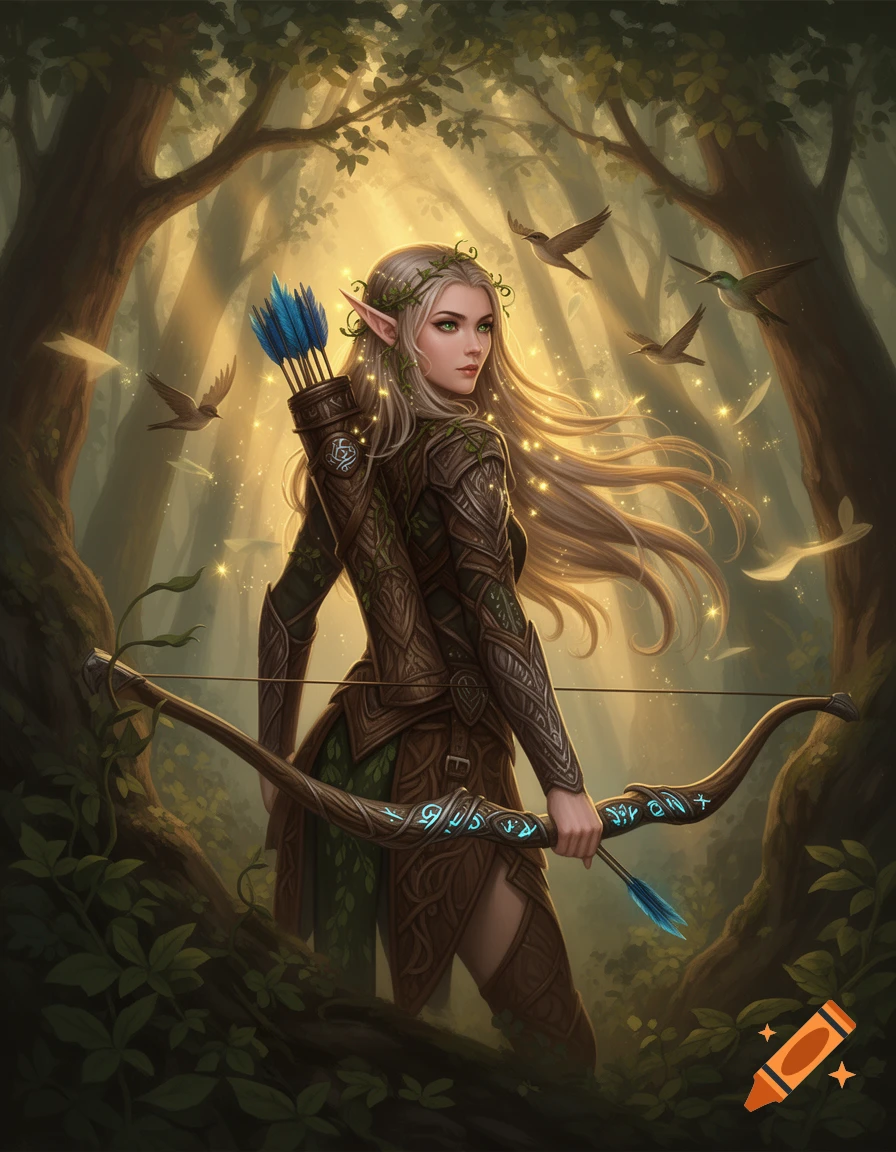An elven ranger with a bow and quiver stands in a sunlit forest, surrounded by glowing particles and birds.