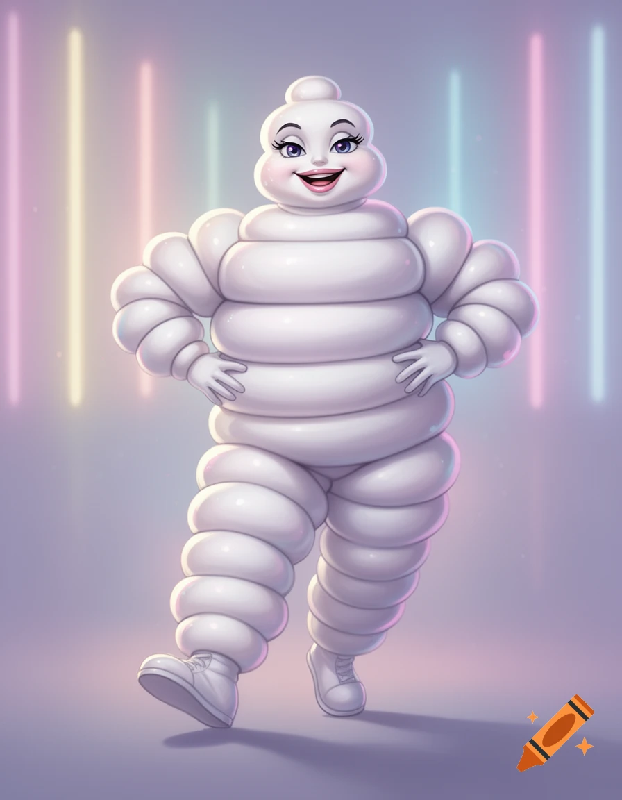 A feminine, cartoonish Michelin Man character with a large smile and hands on hips, standing against a blurry background with vertical neon lights.