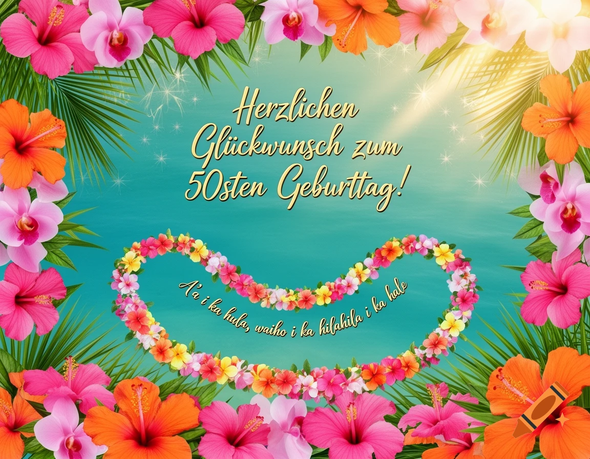 A vibrant Hawaiian-themed birthday card with tropical flowers and palm fronds framing text.