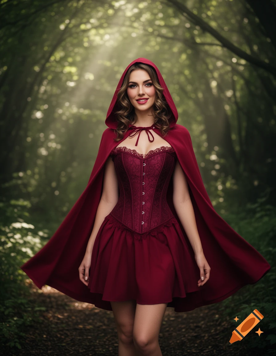 A smiling woman dressed as Little Red Riding Hood in a red corset and cloak stands in a sunlit forest.