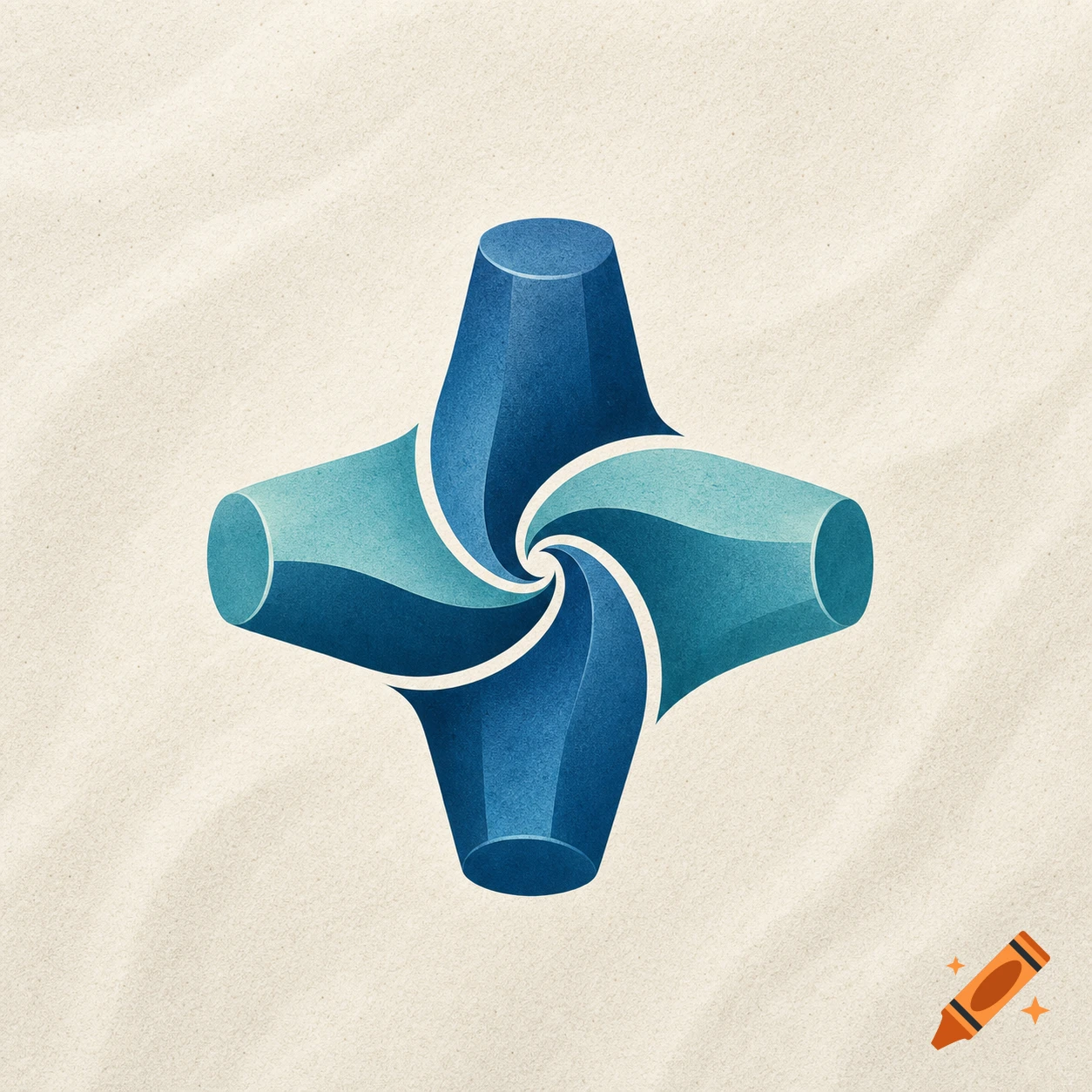 An abstract logo with four blue and teal intertwining cylindrical shapes forming a swirl, set against a subtle off-white textured background.