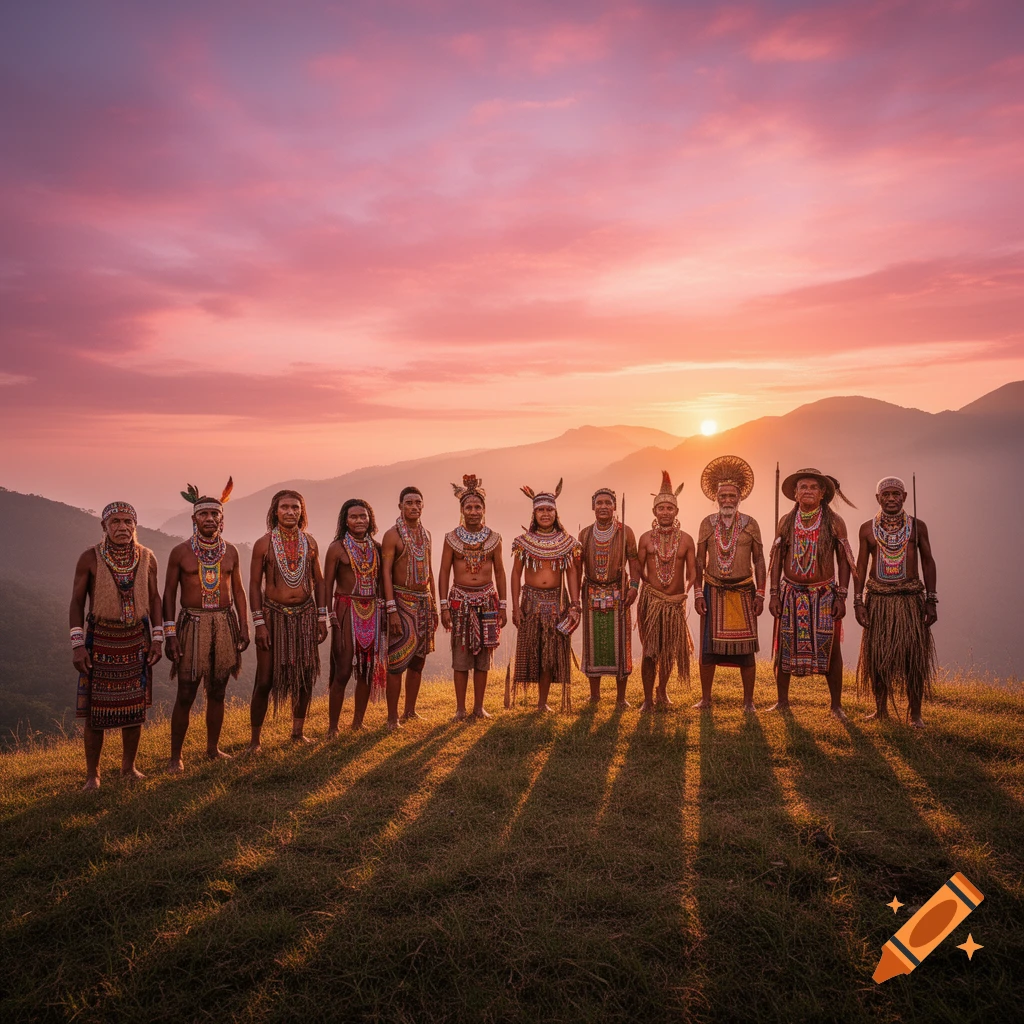 A group of people in traditional attire stand on a grassy hill at sunset with mountains in the background, photorealistic style.