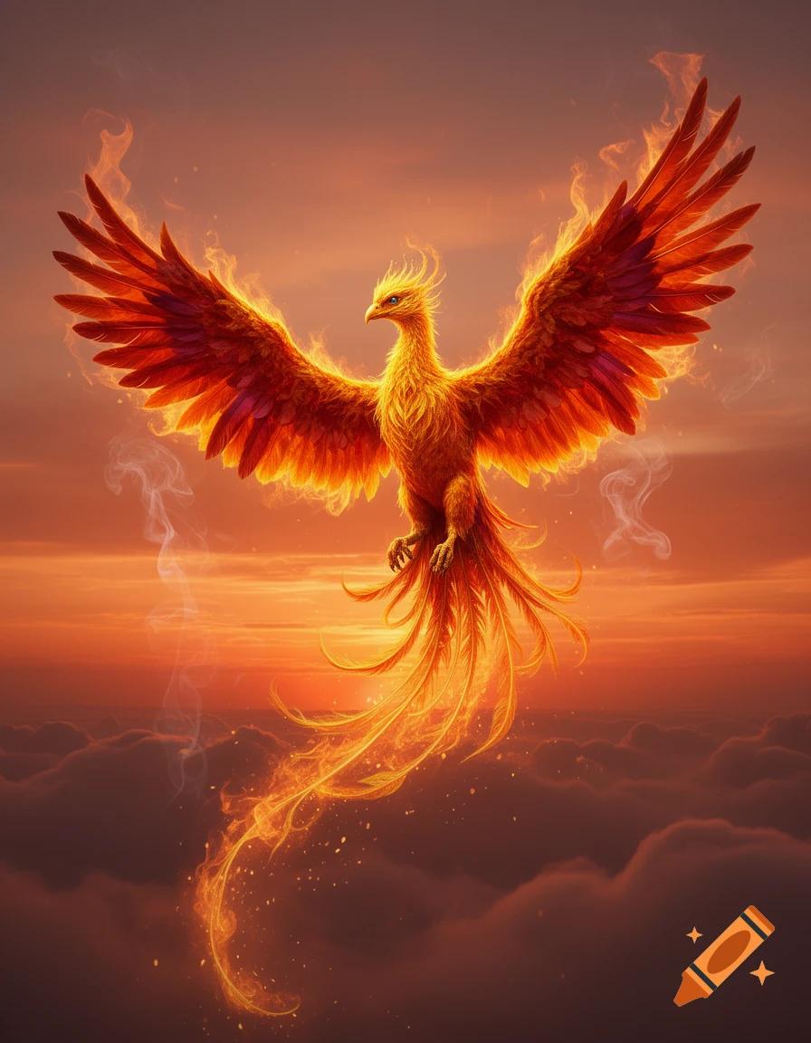 A majestic phoenix with fiery orange and red wings spread wide, flying above clouds against a vibrant sunset sky, trailing glowing embers.