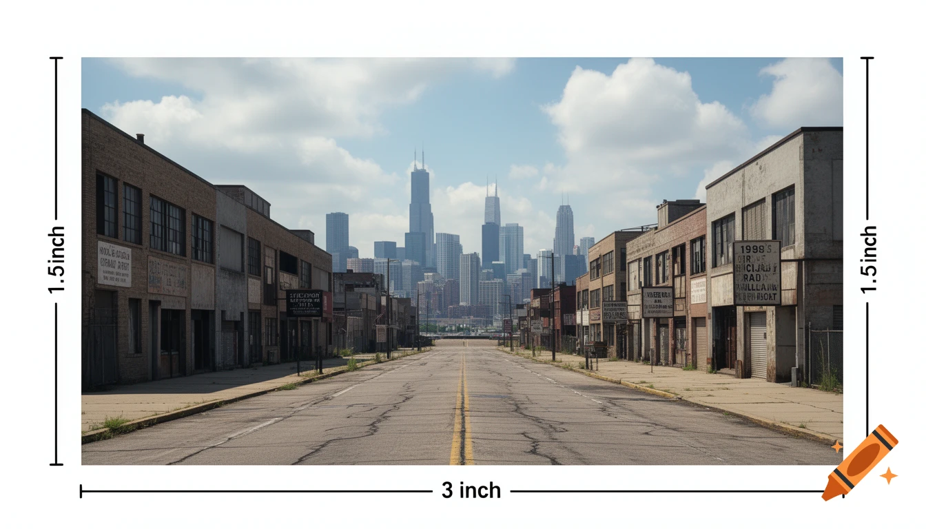A photo-realistic rendering of a worn asphalt road with cracked pavement leading into the distance, flanked by old industrial buildings, with the Chicago skyline visible at the vanishing point under a partly cloudy sky.