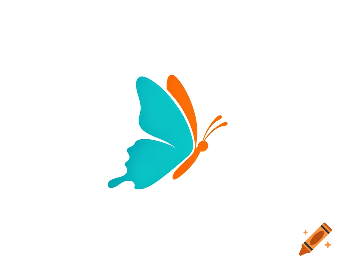 A minimalist illustration of a turquoise and orange butterfly in profile, flying right on a white background.