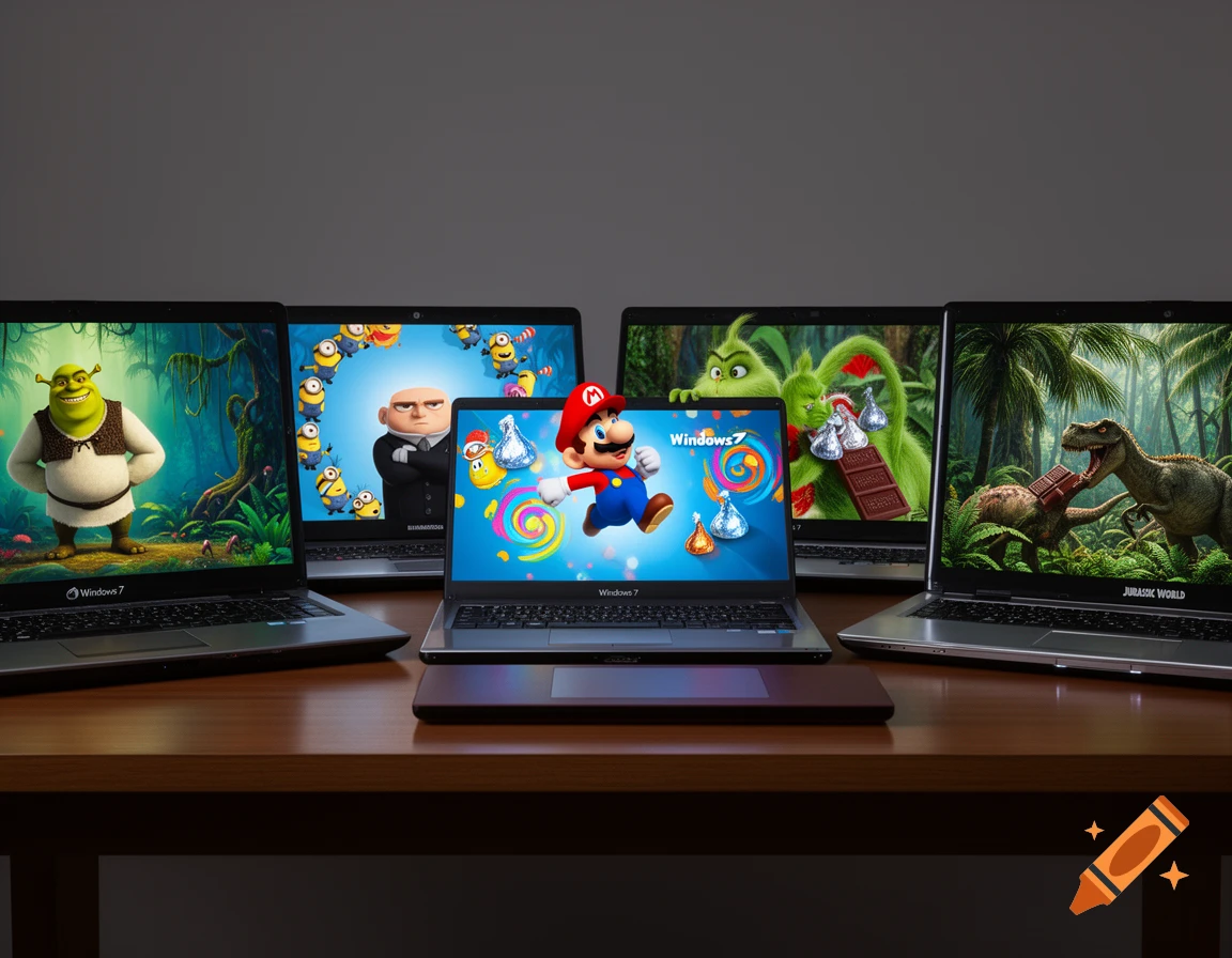Five laptops display various movie and game characters on their screens, including Shrek, Gru and Minions, Super Mario, The Grinch, and dinosaurs from Jurassic World.