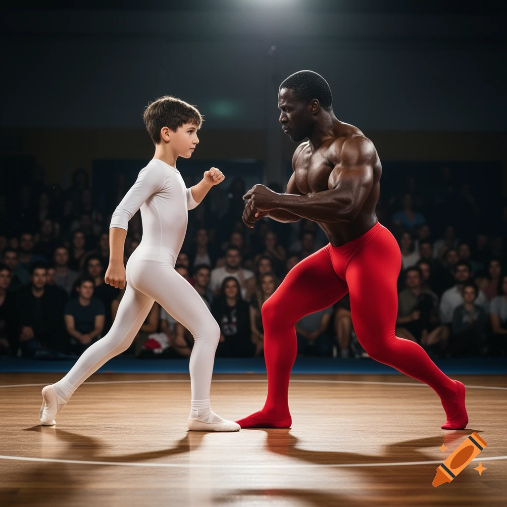 A young boy in a white leotard and a muscular Black man in red tights face off on a wooden floor, with an audience watching.
