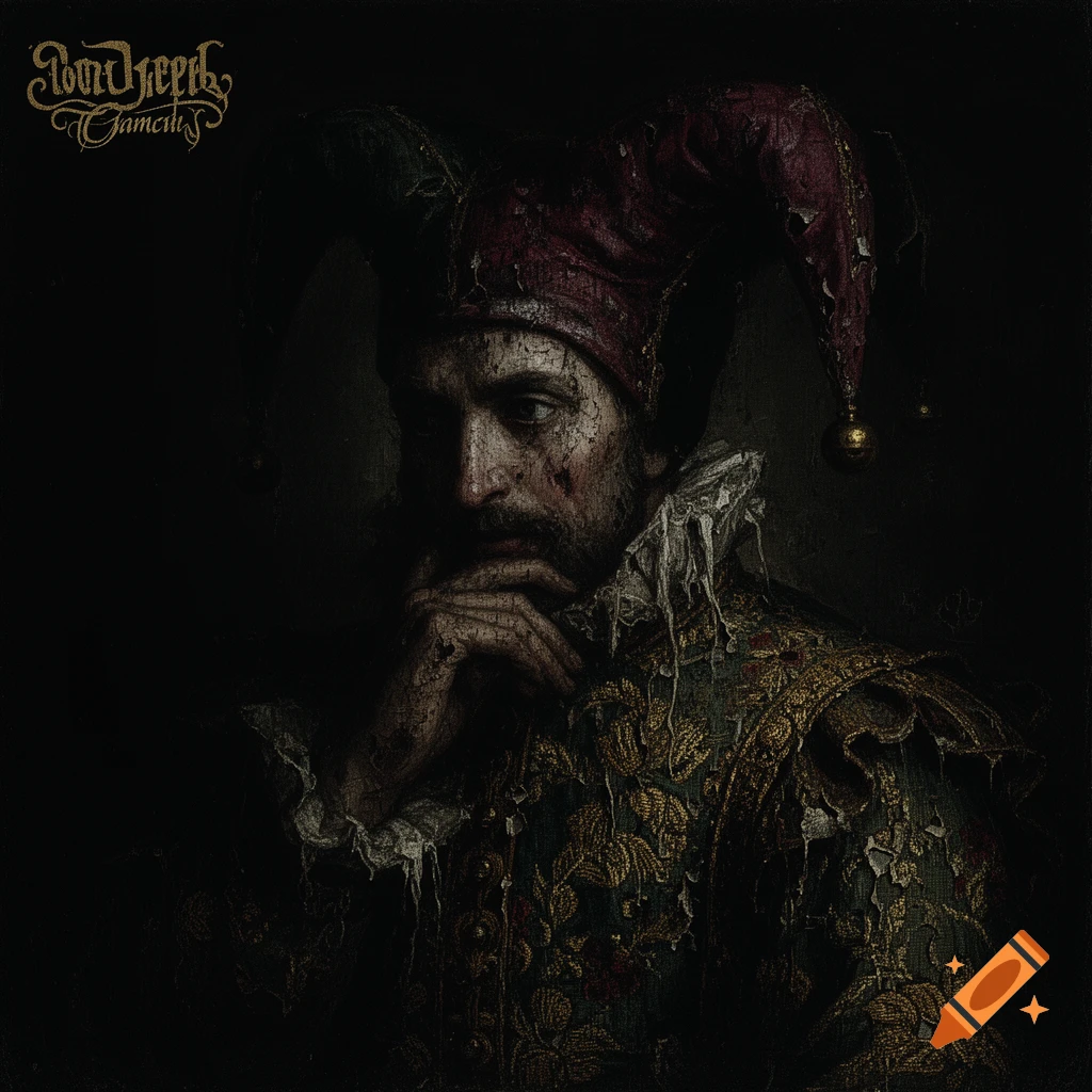Dark, textured portrait of a jester in a tattered, embroidered costume, with a cracked face, in the style of a decaying Renaissance oil painting.