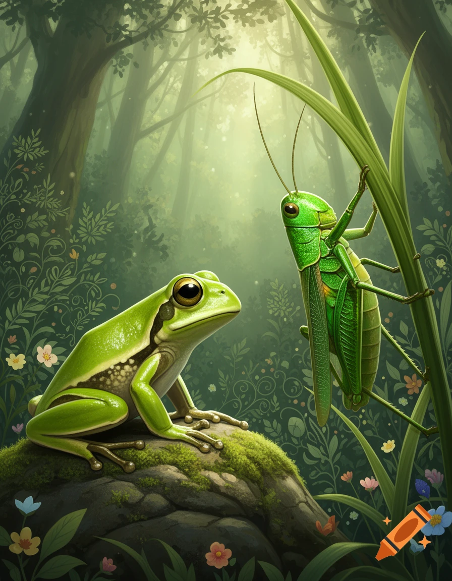A bright green frog on a mossy rock looks at a green grasshopper on a blade of grass in a lush, stylized forest.
