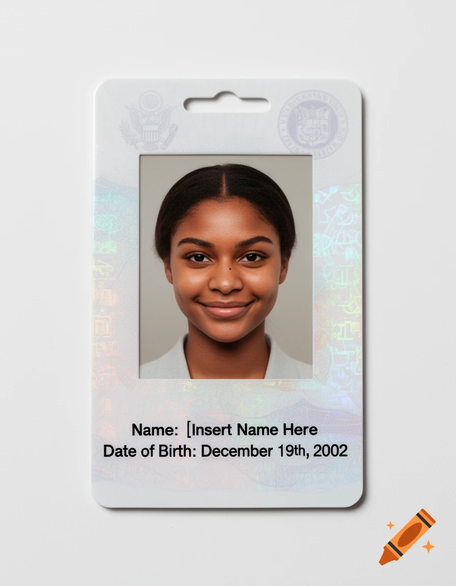 A close-up, top-down view of a white identification card with a portrait of a smiling young woman with dark skin and hair. The card displays 'Name: [Insert Name Here' and 'Date of Birth: December 19th, 2002' in black text.