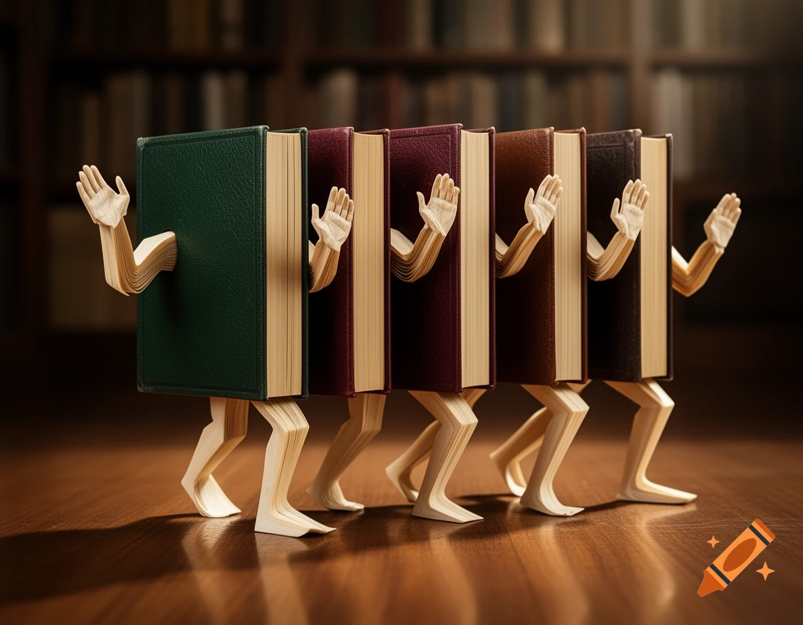 Five anthropomorphic books with paper arms and legs walk in a library, raising their hands in surrender.