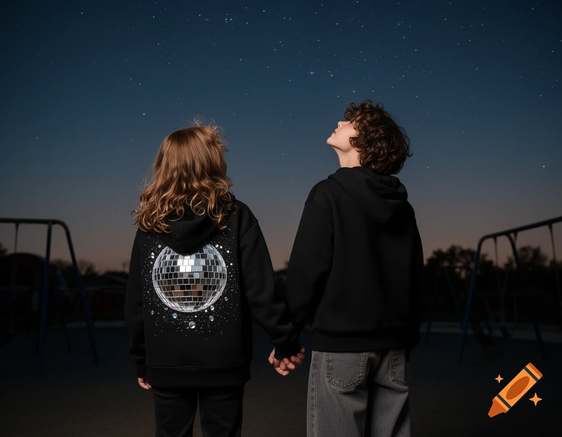 Two children, a girl and boy, hold hands and look at a starry night sky in a playground. The girl wears a disco ball hoodie.