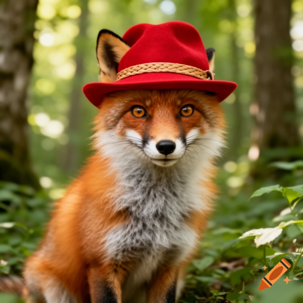 A close-up, photorealistic shot of a red fox wearing a red hat, sitting in a lush green forest with dappled sunlight.