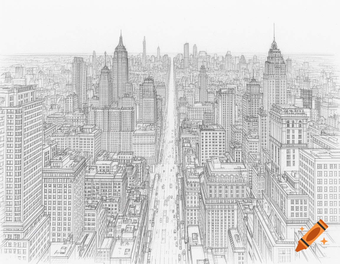 Detailed pencil drawing of a bustling cityscape with tall skyscrapers and a long street stretching into the distance.