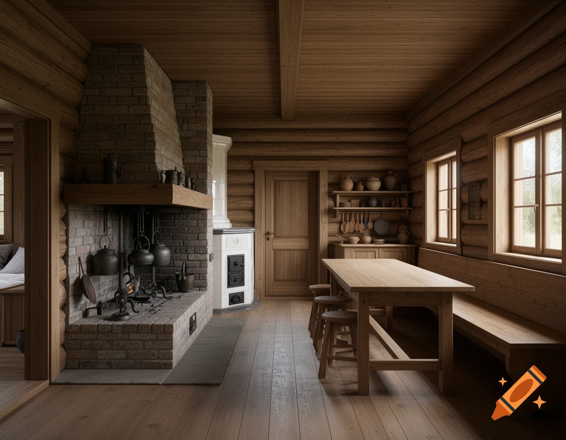 A rustic log cabin interior features a large brick fireplace, a long wooden table with stools, and a built-in bench.
