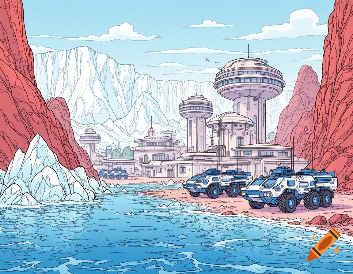 Ligne claire sci-fi coastal outpost with round towers, red canyons, glaciers, and futuristic 8-wheeled vehicles.