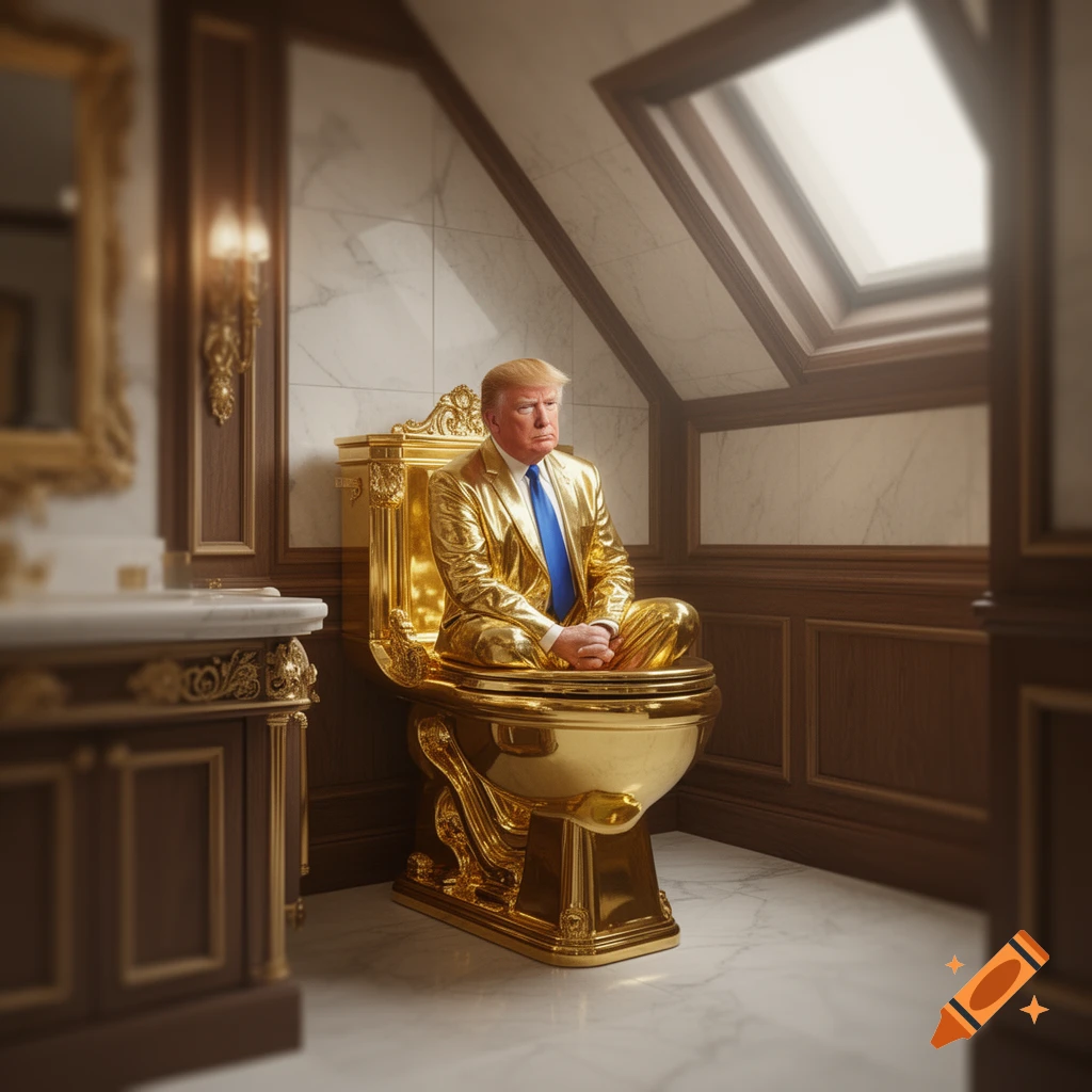 Donald Trump in a golden suit sits on an ornate golden toilet in a lavish, marble and wood bathroom.