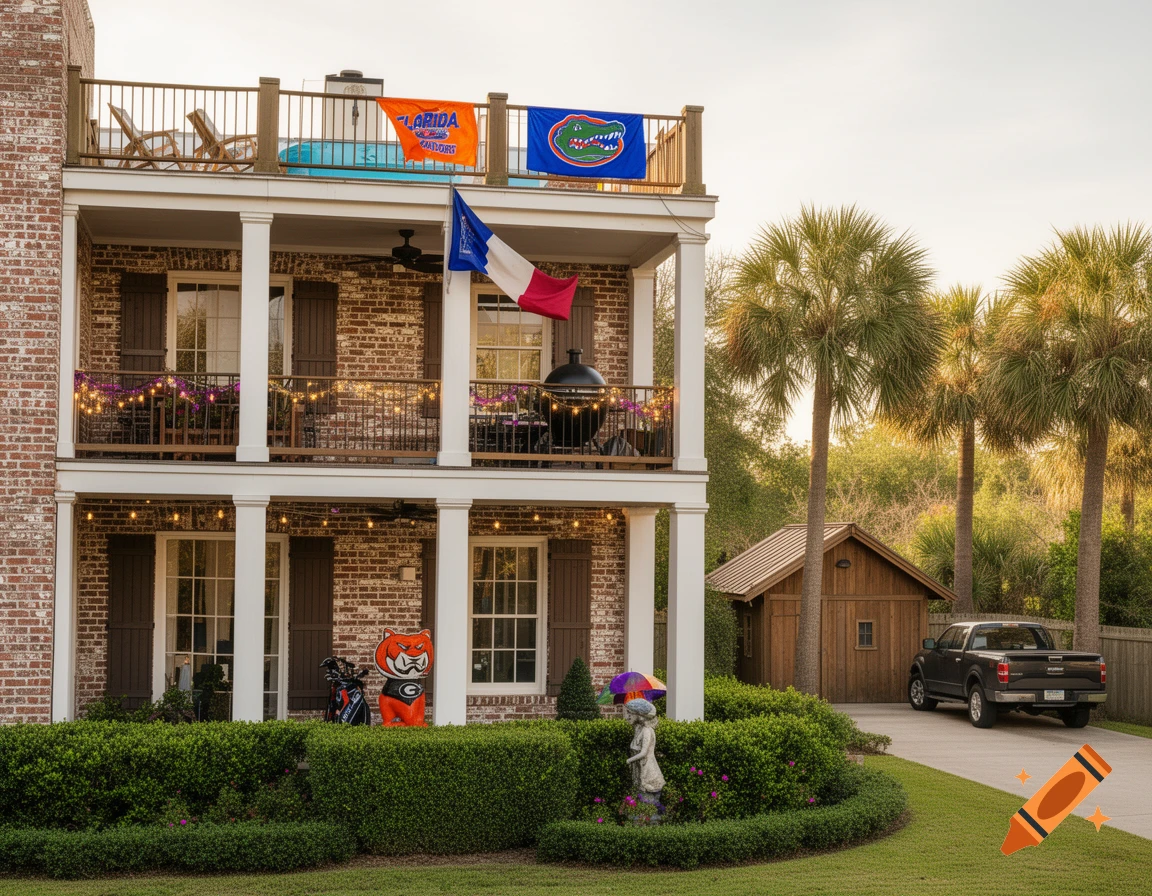 Photorealistic exterior of a three-story Southern brick house with white columns, palm trees, and various college flags and decorations. A black pickup truck is parked in the driveway.