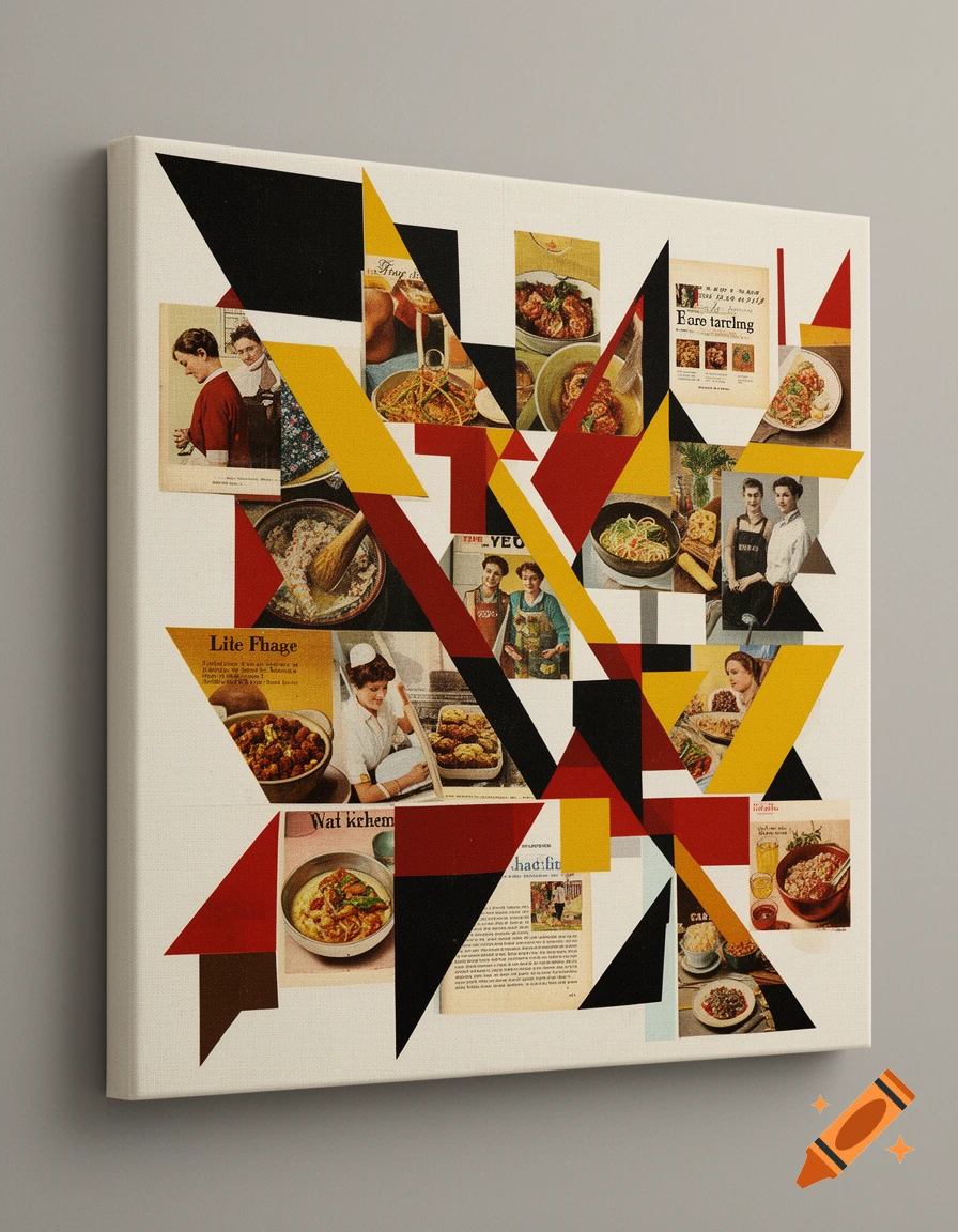 A vibrant linear paper collage on canvas, featuring vintage cookbook photos of various dishes and cooks, interspersed with geometric shapes in red, yellow, and black.