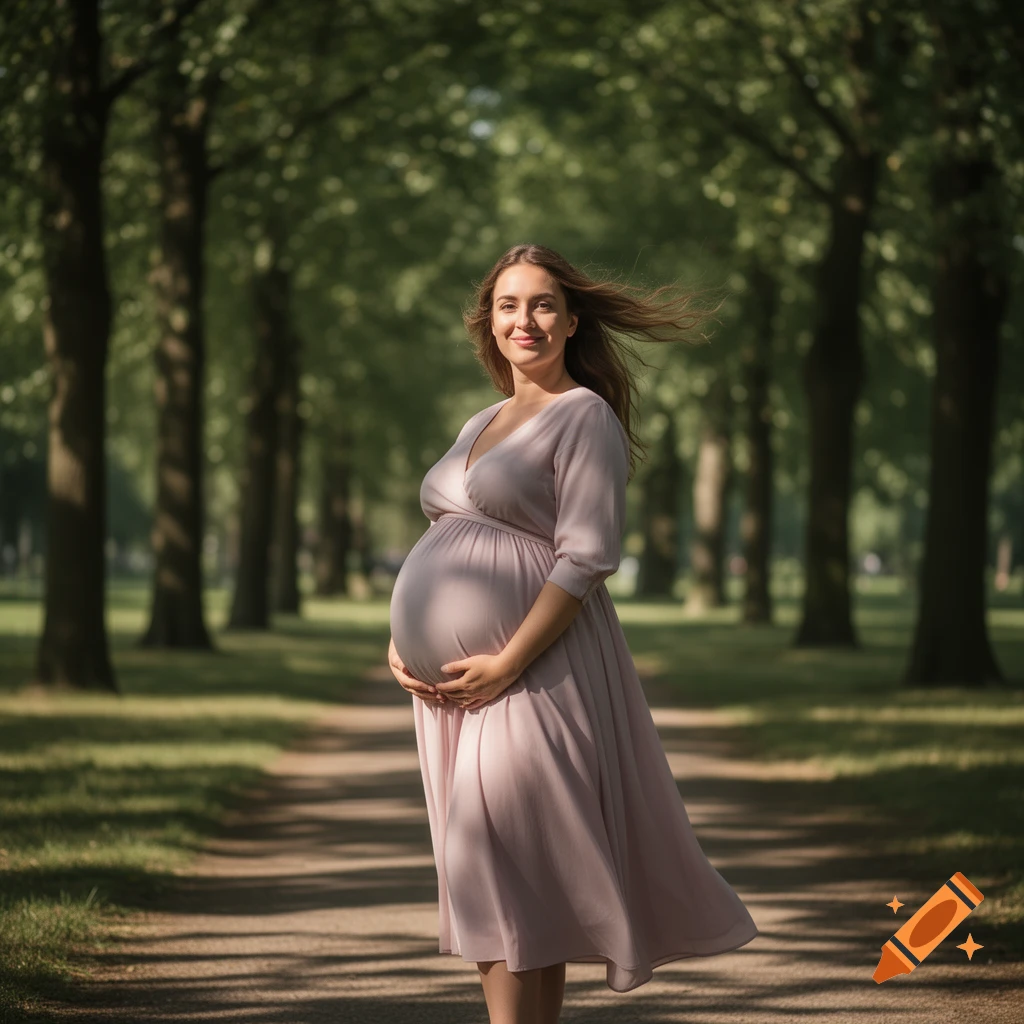 A smiling pregnant woman in a light dress cradles her belly in a tree-lined park, her hair blowing gently.