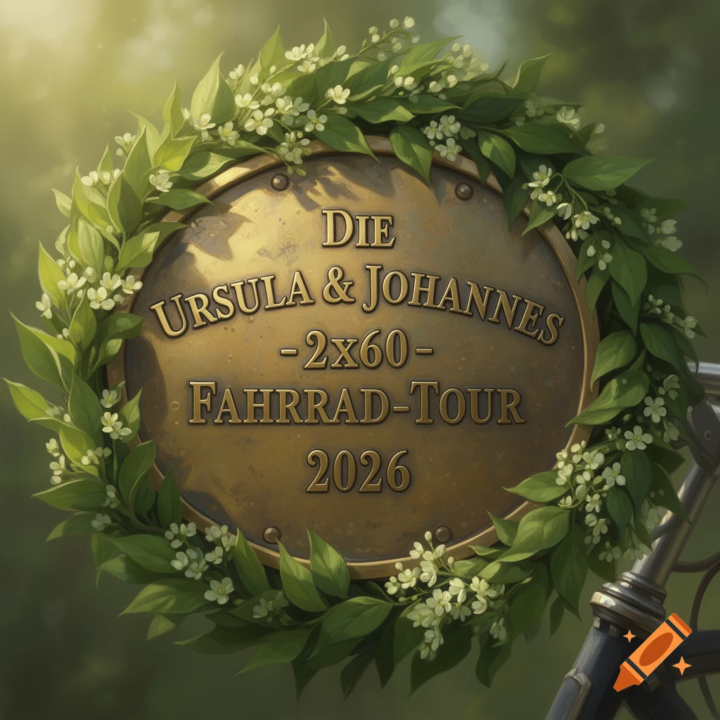 A bronze plaque with German text "Die Ursula & Johannes - 2x60 - Fahrrad-Tour 2026" surrounded by a green floral wreath, with a bicycle visible at the bottom right.