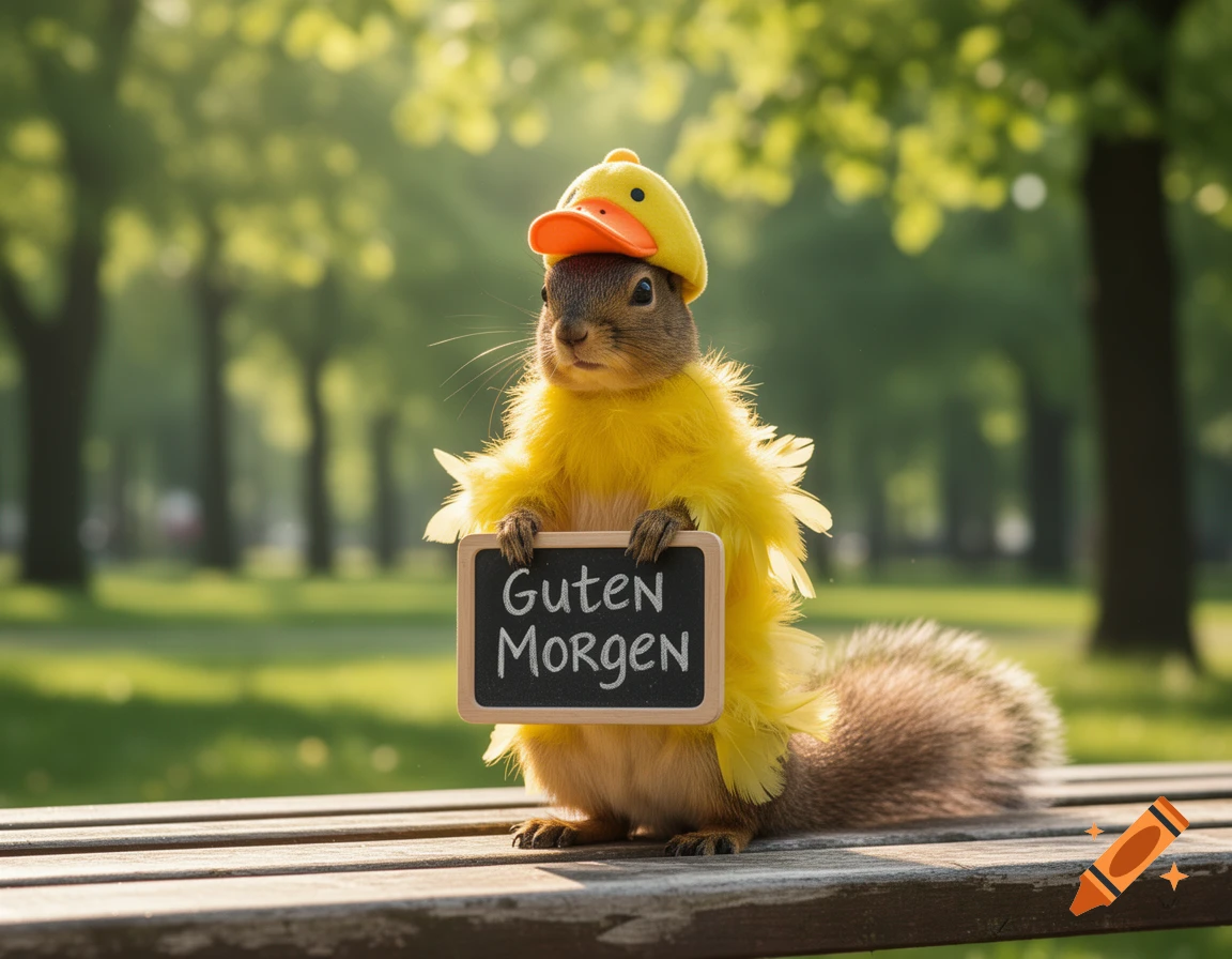 A cute squirrel dressed in a yellow duck costume and hat holds a small blackboard with "Guten Morgen" written on it, sitting on a wooden bench in a sunny park.