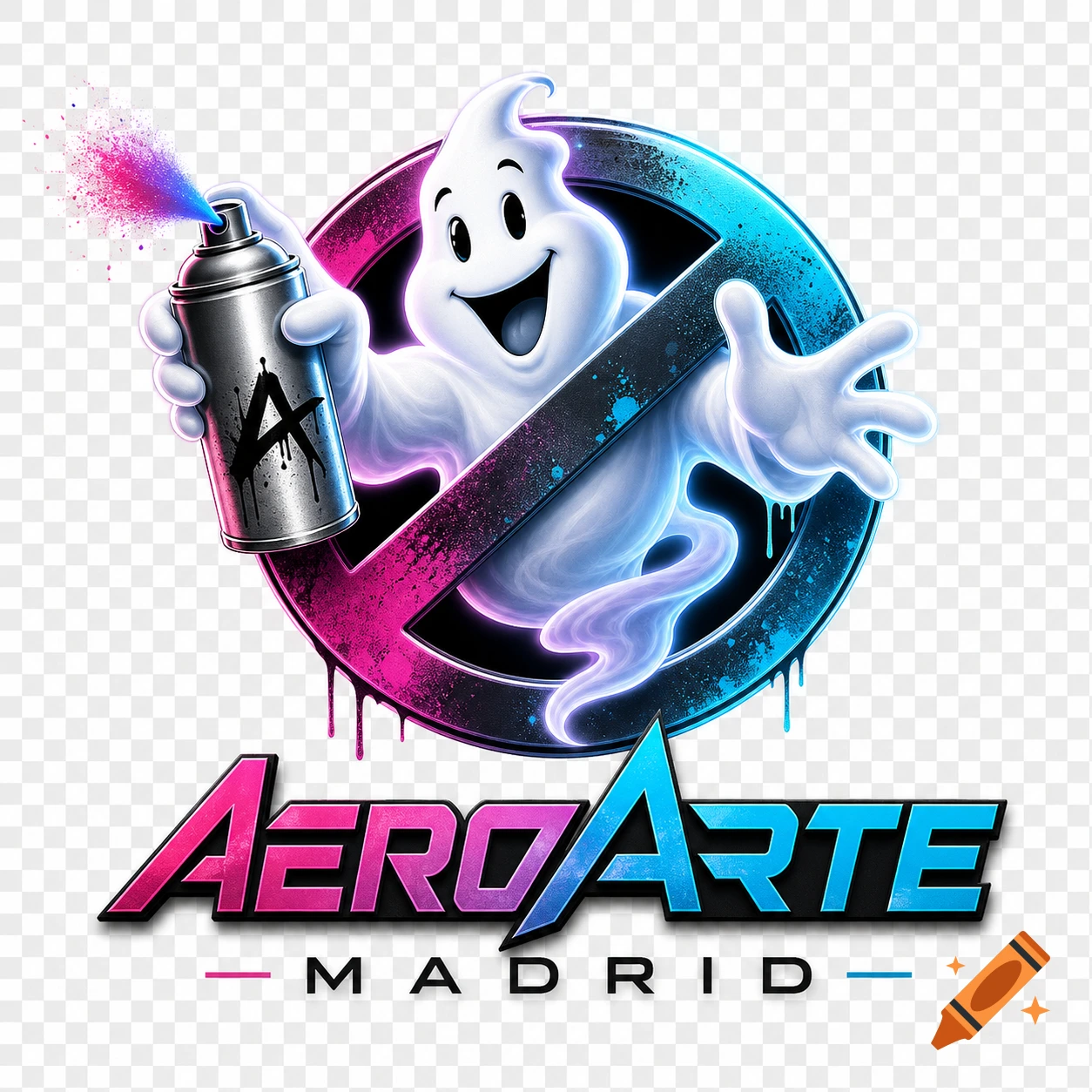 A vibrant logo featuring a smiling cartoon ghost holding a spray can, set within a pink and blue prohibition sign. Text below reads 'AeroArte Madrid'.