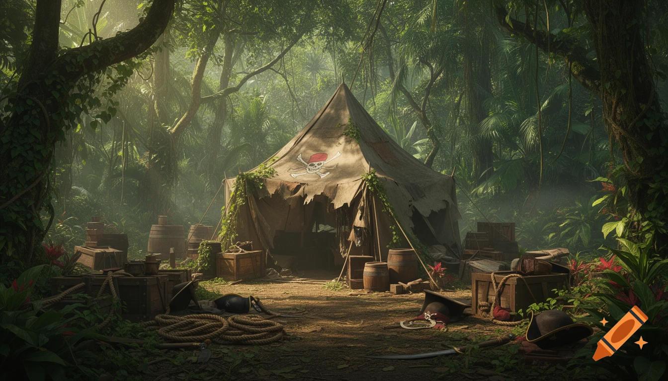 An atmospheric view of a pirate camp with a skull-and-crossbones tent, barrels, and chests in a dense, sunlit jungle.
