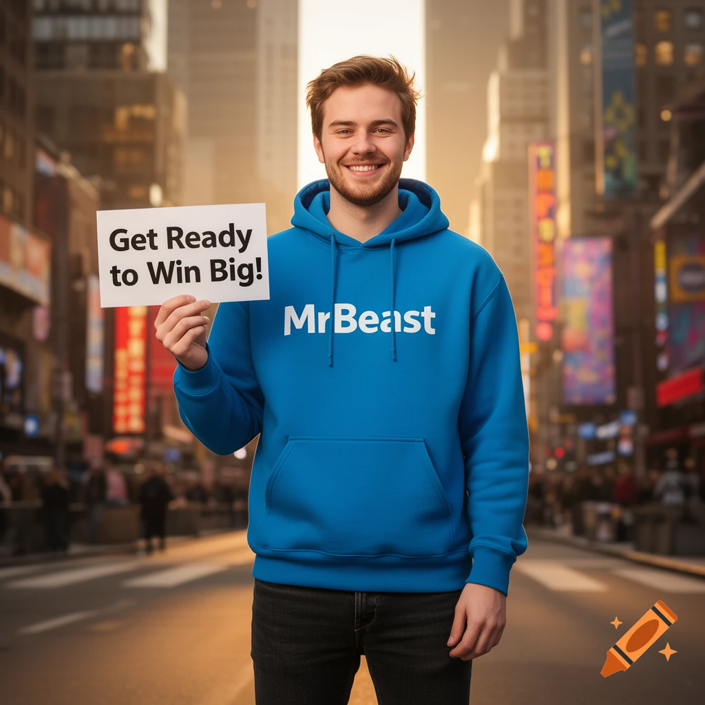 A smiling man in a blue MrBeast hoodie holds a sign saying "Get Ready to Win Big!" on a bustling city street.