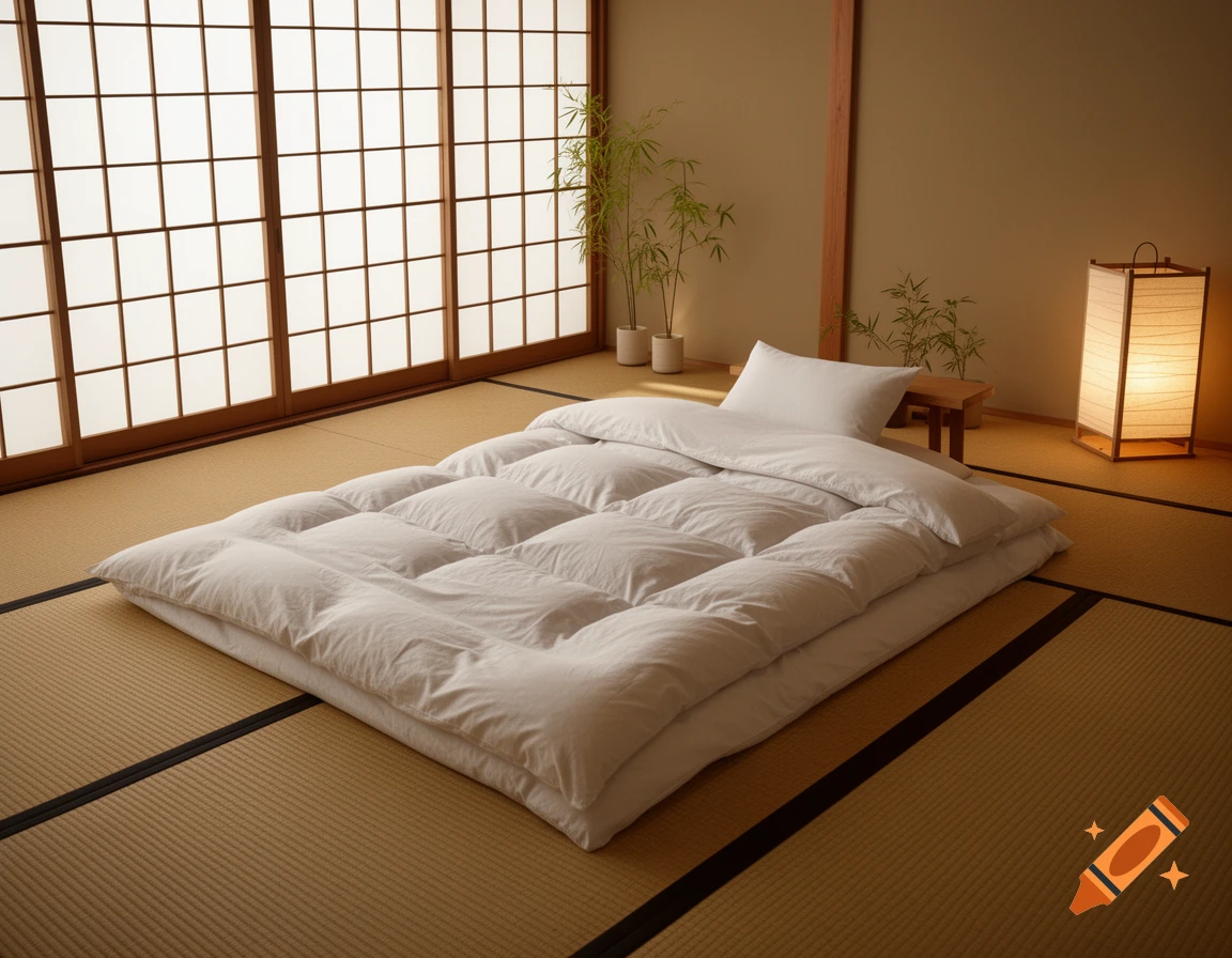 A serene Japanese-style bedroom featuring a futon on tatami mats, shoji screens, and a traditional lantern.